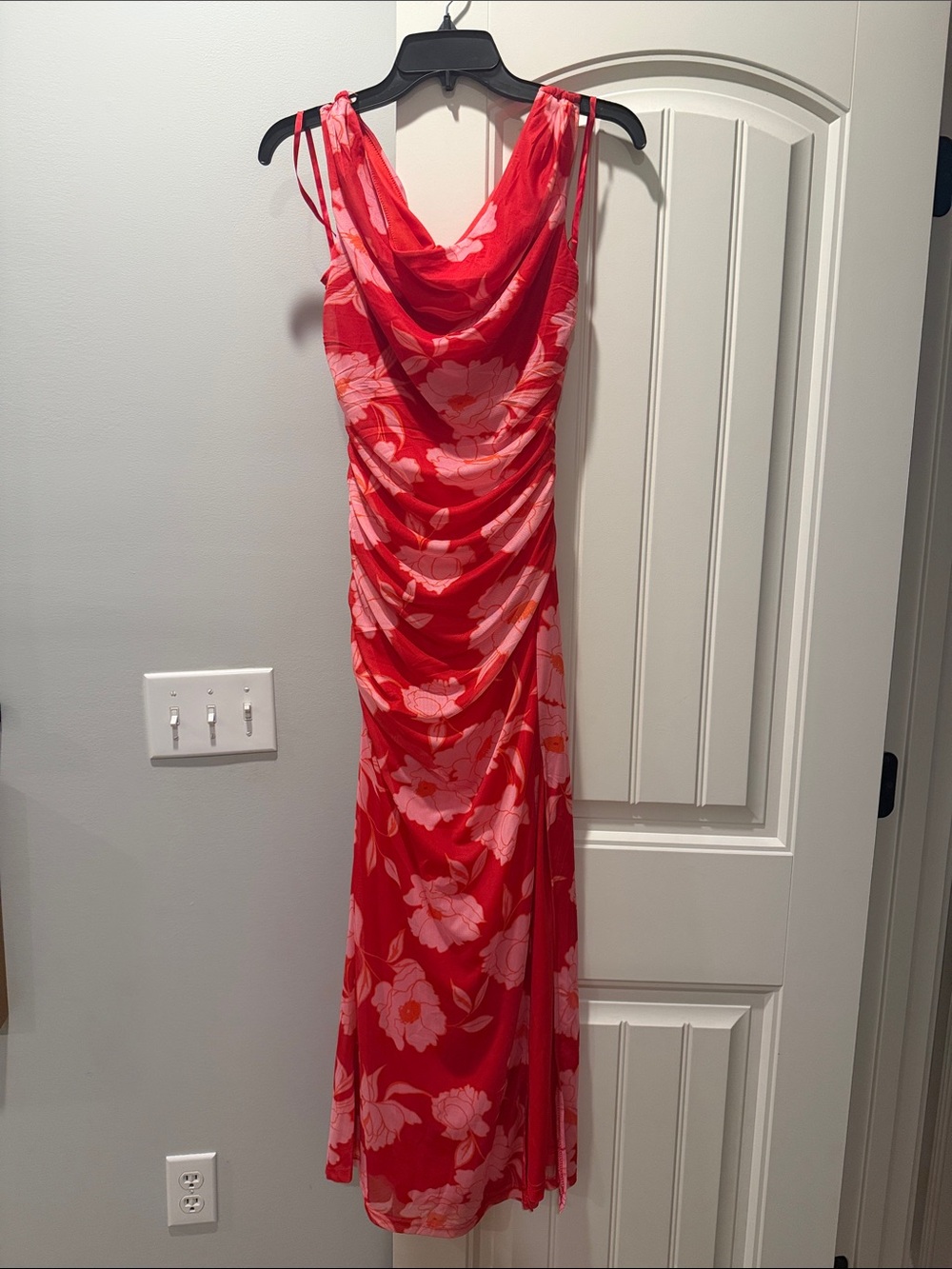 Red Floral Cowl-Neck Maxi Dress with front slit